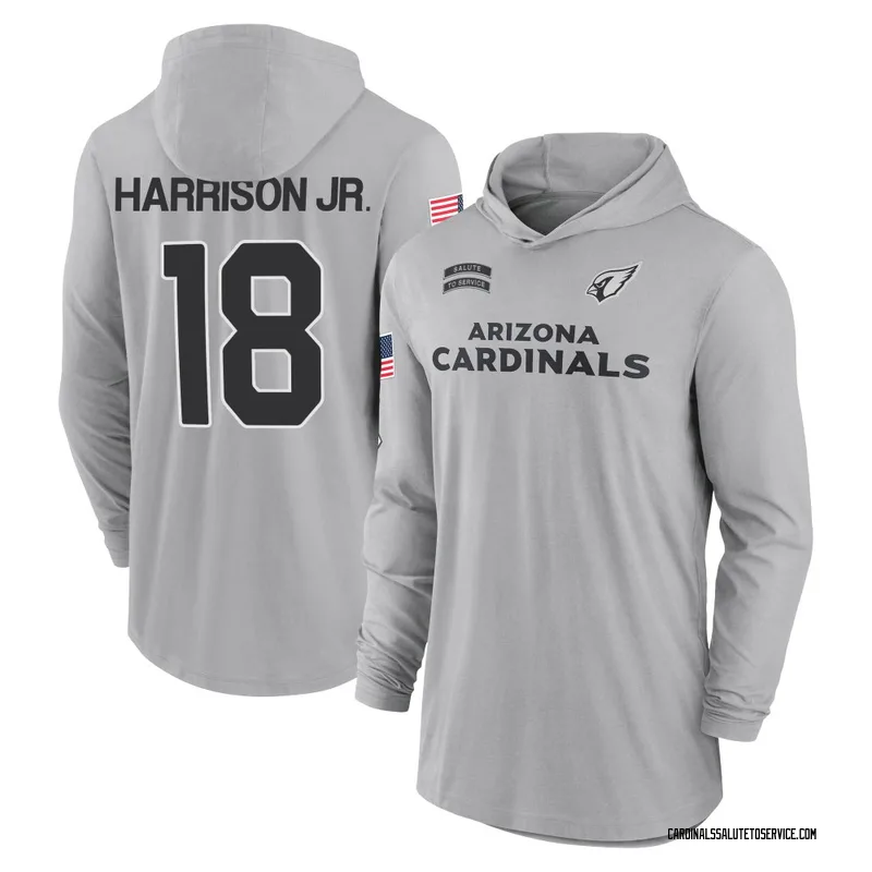 Men's Marvin Harrison Jr. Arizona Cardinals Gray 2024 Salute to Service Lightweight Performance Long Sleeve Hooded T-Shirt
