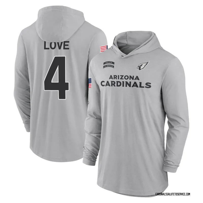 Youth Jeremiyah Love Arizona Cardinals Gray 2024 Salute to Service Lightweight Performance Long Sleeve Hooded T-Shirt